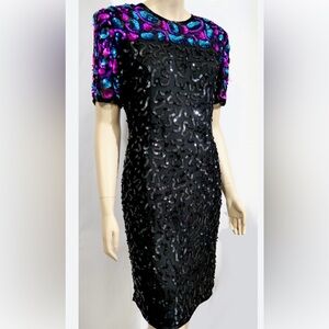 Stenay Black Sequin Midi Dress with Multicolor Sleeve Embellishments